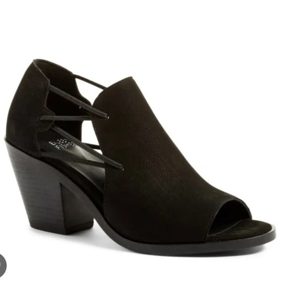 Eileen Fisher Nikki Peep Toe Heel 8.5 Black Suede Leather 2.5 Stacked Heel Boot